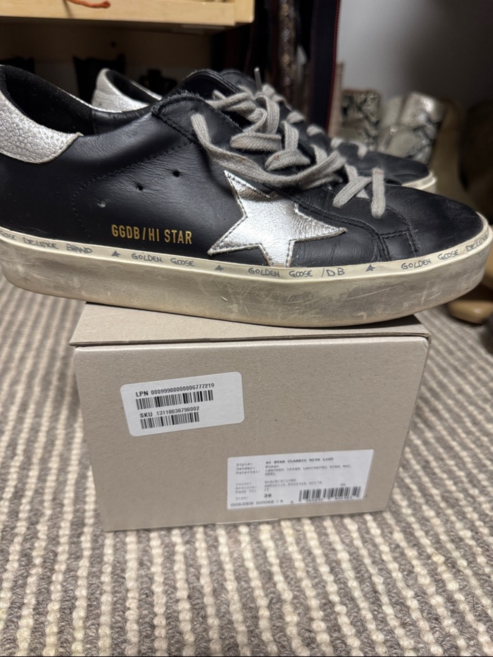 Golden Goose Black Leather Hi Star Sneakers with Silver Star
